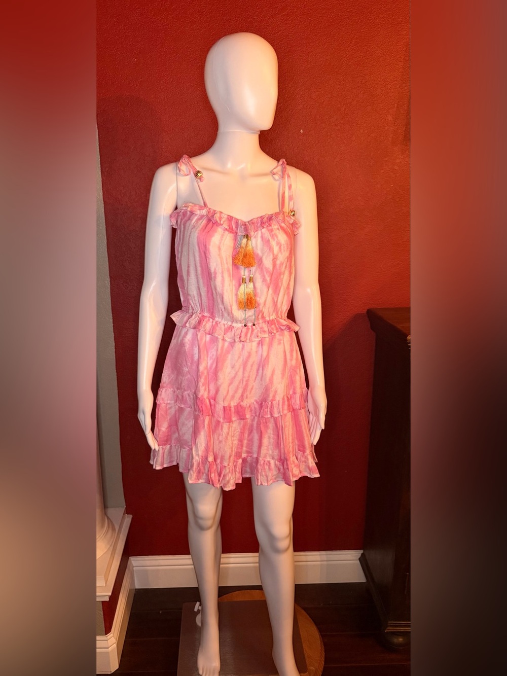 BELL by Alicia Bell Pink Tie Dye Ruffle Tassel Mini Dress XS